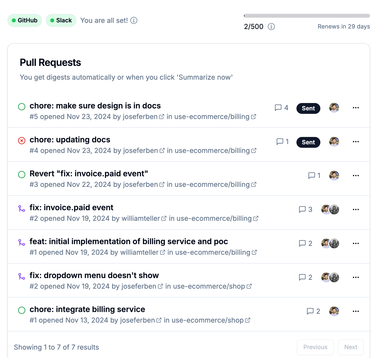 Lessnoise dashboard with a list of Pull Requests